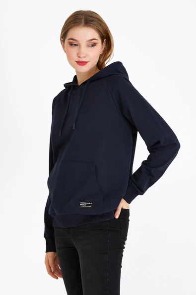 Kadın Lacivert Kapüşonlu Basic Örme Sweatshirt - Resim 3