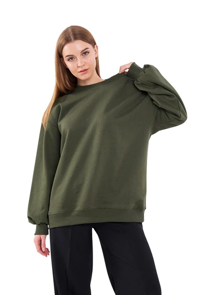 Haki Kadın Pamuklu Oversize Basic Bisiklet Yaka  Sweatshirt ürün görseli 1