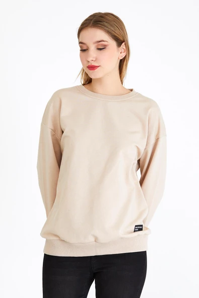 Kadın Bej Renk Basic Bisiklet Yaka Sweatshirt ürün görseli 1