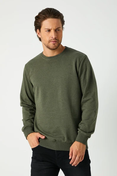 Erkek Haki Basic Bisiklet Yaka Sweatshirt - Resim 2
