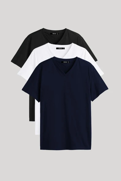 Erkek Çok Renkli %100 Pamuk T- Shirt Regular Fit Rahat Kesim V Yaka 3'lü Basic Tişört Paketi ürün görseli 1