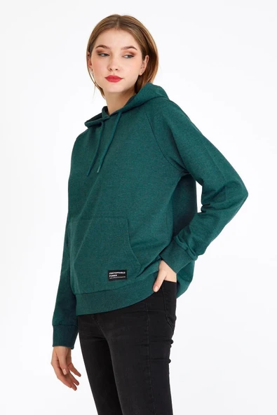 Kadın Yeşil Kapüşonlu Basic Örme Sweatshirt - Resim 2