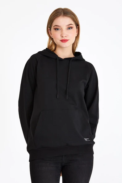 Kadın Siyah Kapüşonlu Basic Örme Sweatshirt ürün görseli 1