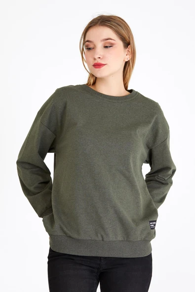 Kadın Haki Renk Basic Bisiklet Yaka Sweatshirt ürün görseli 1