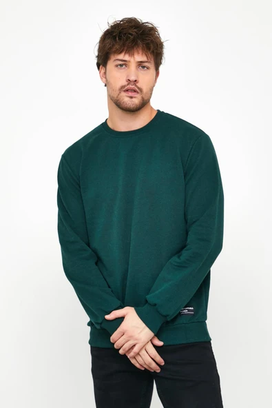 Erkek Koyu Yeşil Basic Bisiklet Yaka Sweatshirt - Resim 2