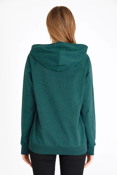 Kadın Yeşil Kapüşonlu Basic Örme Sweatshirt - Resim 7