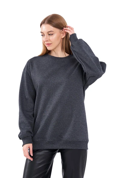 Antrasit Kadın Pamuklu Oversize Basic Bisiklet Yaka Sweatshirt ürün görseli 1