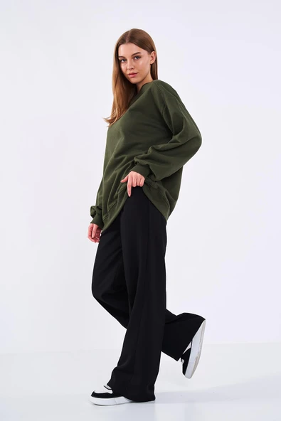 Haki Kadın Pamuklu Oversize Basic Bisiklet Yaka  Sweatshirt - Resim 3