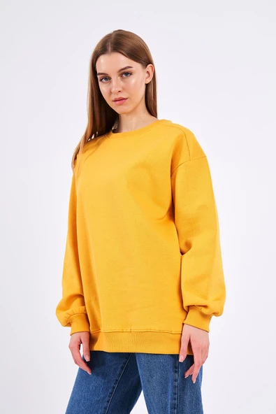 Sarı Kadın Pamuklu Oversize Basic Bisiklet Yaka Sweatshirt - Resim 4