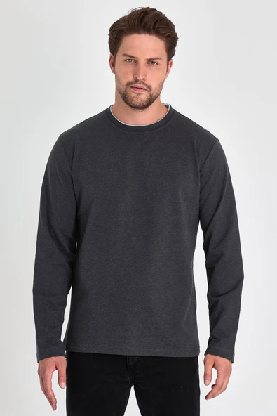 Erkek Antrasit Çift Bisiklet Yaka Standart Rahat Kesim Sweatshirt ürün görseli 1
