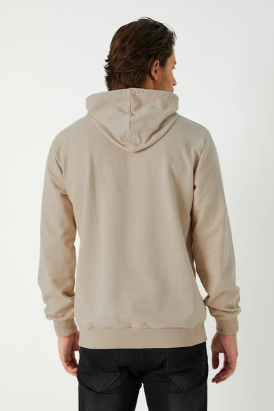 Bej Erkek Kapüşonlu Kanguru Cepli Sweatshirt - Resim 6