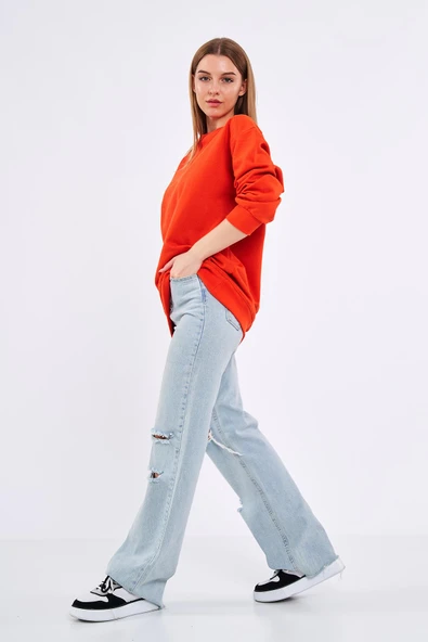 Turuncu Kadın Pamuklu Oversize Basic Bisiklet Yaka Sweatshirt - Resim 3
