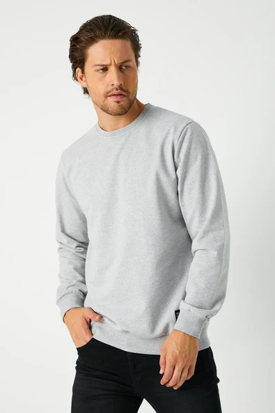 Erkek Gri Basic Bisiklet Yaka Sweatshirt - Resim 2