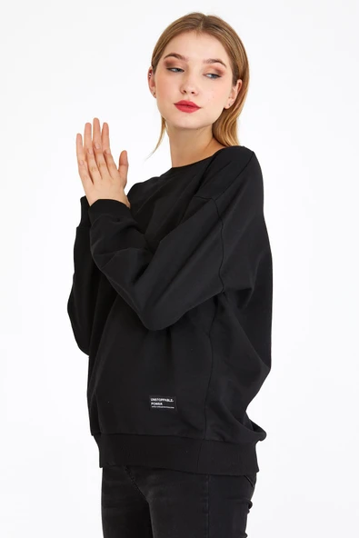Kadın Siyah Renk Basic Bisiklet Yaka Sweatshirt - Resim 3