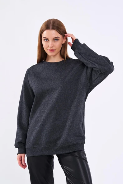 Antrasit Kadın Pamuklu Oversize Basic Bisiklet Yaka Sweatshirt - Resim 2