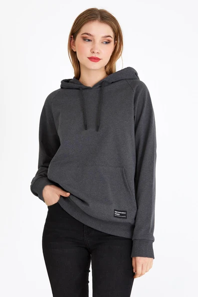 Kadın Antrasit Kapüşonlu Basic Örme Sweatshirt ürün görseli 1