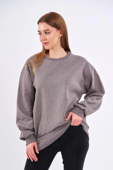 Kahve Kadın Pamuklu Oversize Basic Bisiklet Yaka Sweatshirt - Resim 4