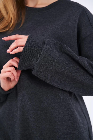 Antrasit Kadın Pamuklu Oversize Basic Bisiklet Yaka Sweatshirt - Resim 6