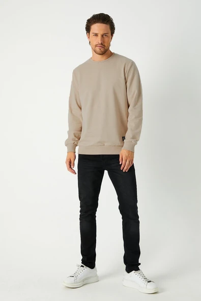 Erkek Bej Basic Bisiklet Yaka Sweatshirt - Resim 4