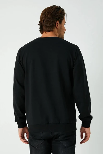 Erkek Siyah Basic Bisiklet Yaka Sweatshirt - Resim 4