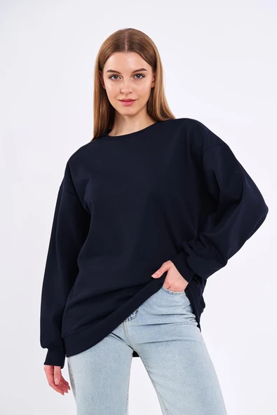 Lacivert Kadın Pamuklu Oversize Basic Bisiklet Yaka Sweatshirt - Resim 2
