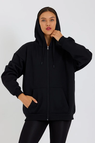 Kanguru Cepli Kapüşonlu Fermuarlı Içi Pamuklu Oversize Kadın Sweatshirt ürün görseli 1