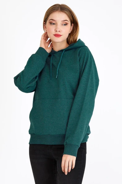 Kadın Yeşil Kapüşonlu Basic Örme Sweatshirt - Resim 4