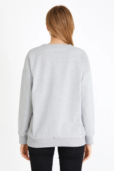 Kadın Gri Renk Basic Bisiklet Yaka Sweatshirt - Resim 6