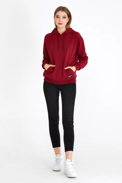 Kadın Bordo Kapüşonlu Basic Örme Sweatshirt - Resim 4
