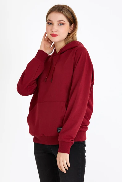 Kadın Bordo Kapüşonlu Basic Örme Sweatshirt - Resim 3