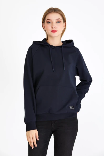 Kadın Lacivert Kapüşonlu Basic Örme Sweatshirt ürün görseli 1