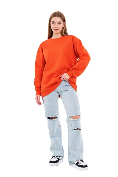 Turuncu Kadın Pamuklu Oversize Basic Bisiklet Yaka Sweatshirt ürün görseli 1