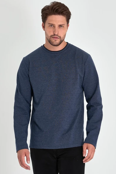 Erkek İndigo Çift Bisiklet Yaka Standart Rahat Kesim Sweatshirt ürün görseli 1
