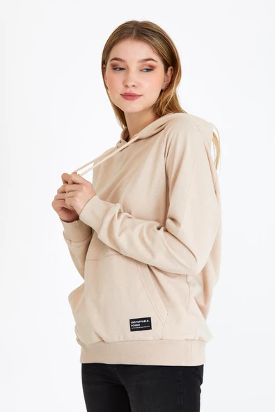 Kadın Bej Kapüşonlu Basic Örme Sweatshirt - Resim 3