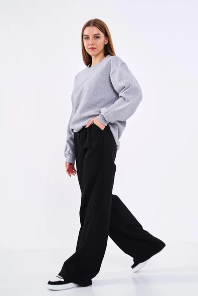 Gri Kadın Pamuklu Oversize Basic Bisiklet Yaka Sweatshirt - Resim 3