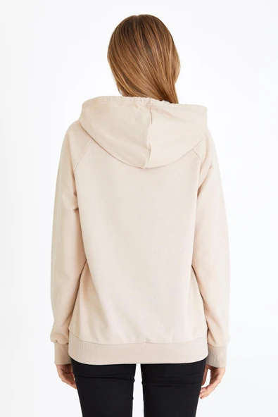 Kadın Bej Kapüşonlu Basic Örme Sweatshirt - Resim 6