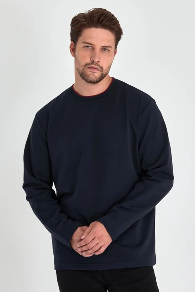 Erkek Lacivert Çift Bisiklet Yaka Standart Rahat Kesim Sweatshirt ürün görseli 1