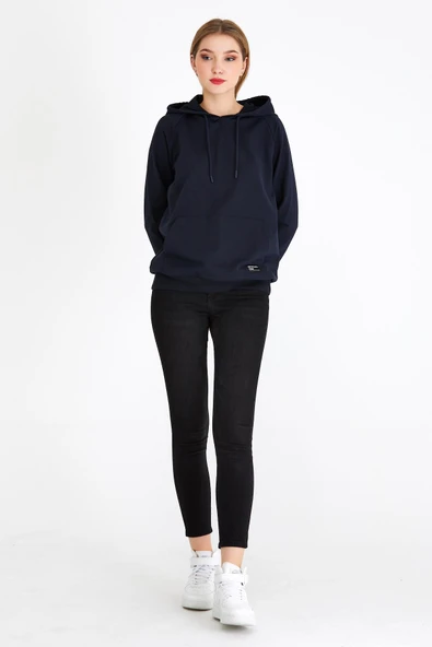 Kadın Lacivert Kapüşonlu Basic Örme Sweatshirt - Resim 4