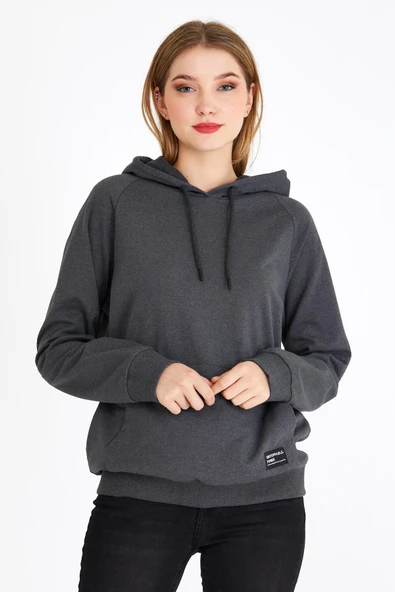 Kadın Antrasit Kapüşonlu Basic Örme Sweatshirt - Resim 2