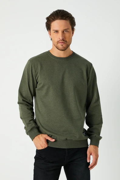 Erkek Haki Basic Bisiklet Yaka Sweatshirt - Resim 3
