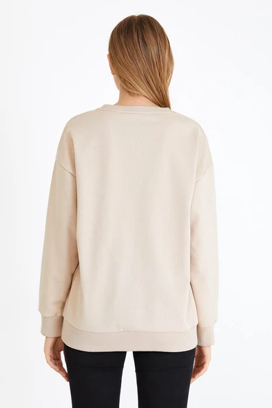 Kadın Bej Renk Basic Bisiklet Yaka Sweatshirt - Resim 6