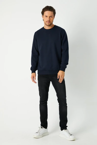 Erkek Lacivert Basic Bisiklet Yaka Sweatshirt - Resim 2
