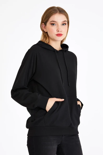 Kadın Siyah Kapüşonlu Basic Örme Sweatshirt - Resim 2