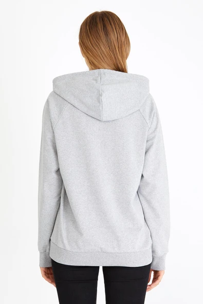 Kadın Gri Kapüşonlu Basic Örme Sweatshirt - Resim 6