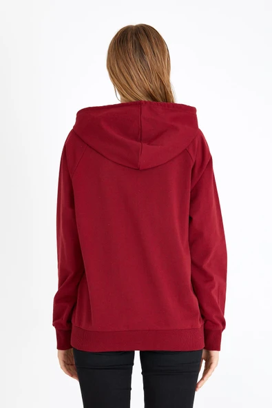 Kadın Bordo Kapüşonlu Basic Örme Sweatshirt - Resim 6