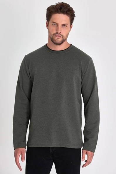 Erkek Haki Çift Bisiklet Yaka Standart Rahat Kesim Sweatshirt ürün görseli 1
