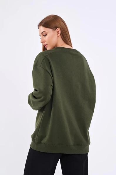 Haki Kadın Pamuklu Oversize Basic Bisiklet Yaka  Sweatshirt - Resim 6