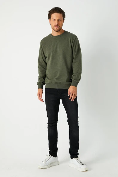Erkek Haki Basic Bisiklet Yaka Sweatshirt - Resim 4