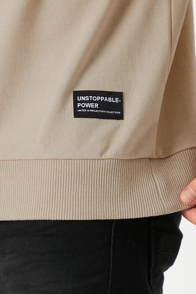 Erkek Bej Basic Bisiklet Yaka Sweatshirt - Resim 5