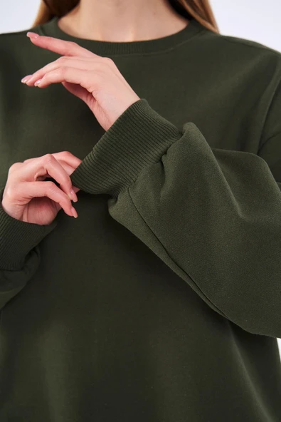 Haki Kadın Pamuklu Oversize Basic Bisiklet Yaka  Sweatshirt - Resim 5